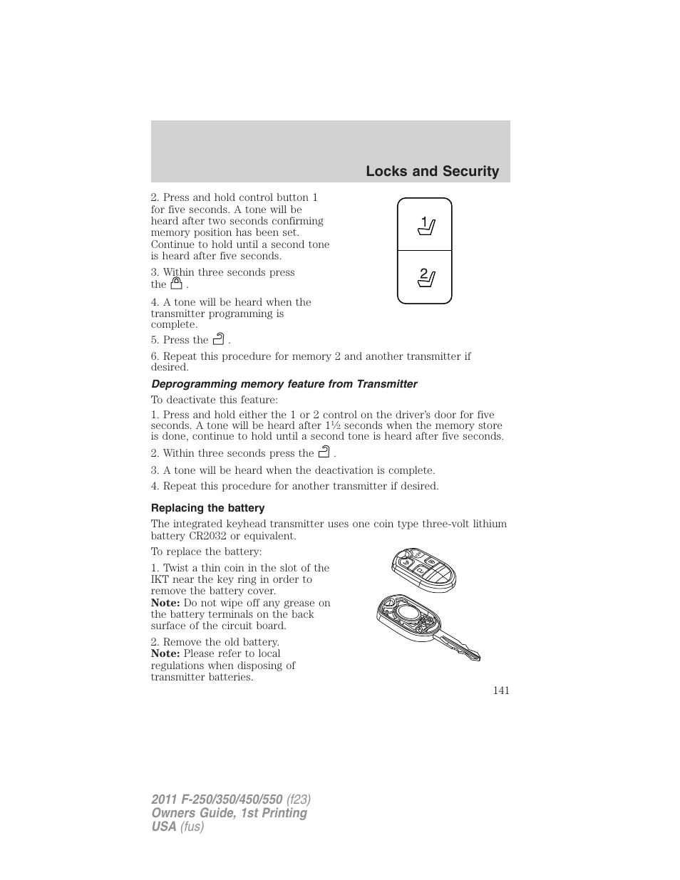 Deprogramming memory feature from transmitter, Replacing the battery, Locks and security | FORD 2011 F-550 v.1 User Manual | Page 141 / 441