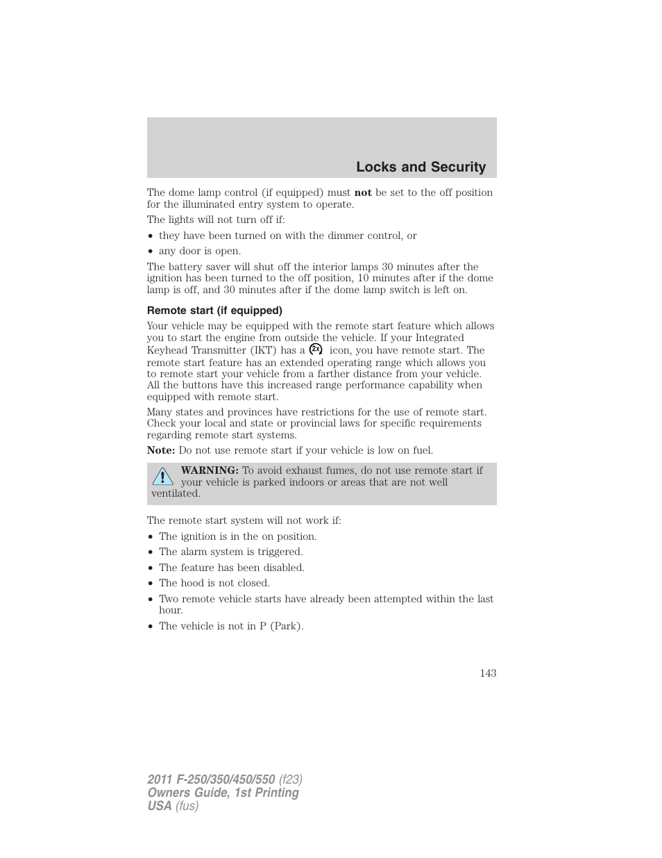 Remote start (if equipped), Locks and security | FORD 2011 F-550 v.1 User Manual | Page 143 / 441