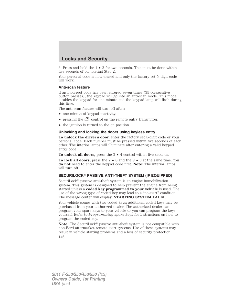 Anti-scan feature, Securilock passive anti-theft system (if equipped), Anti-theft system | Locks and security | FORD 2011 F-550 v.1 User Manual | Page 146 / 441