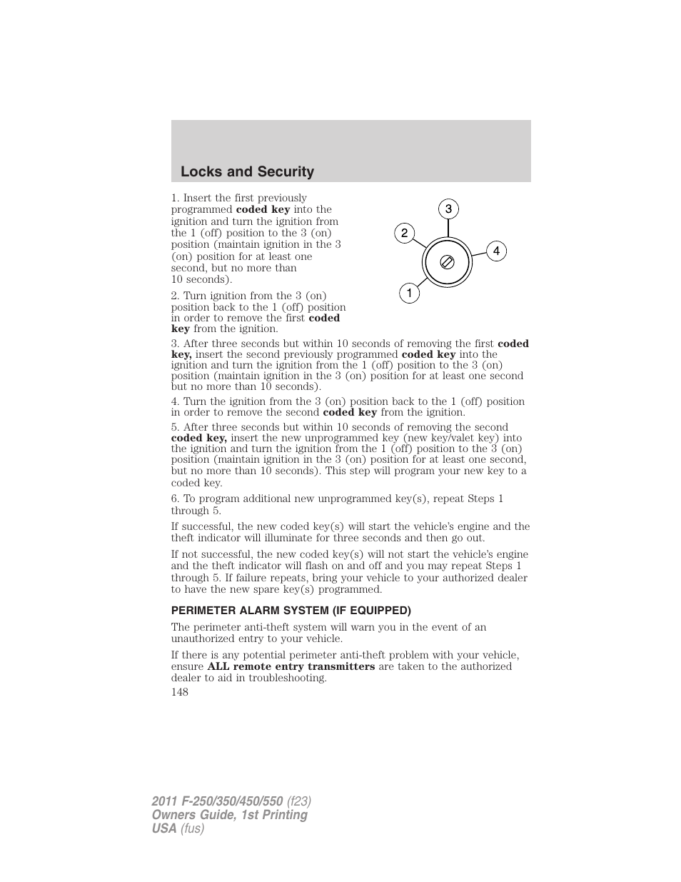 Perimeter alarm system (if equipped), Locks and security | FORD 2011 F-550 v.1 User Manual | Page 148 / 441