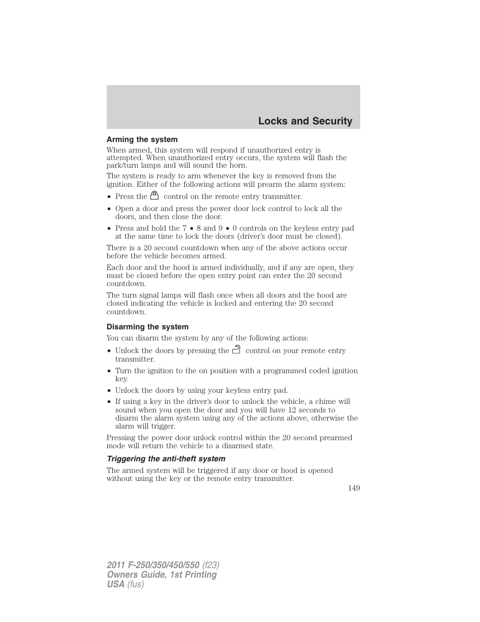 Arming the system, Disarming the system, Triggering the anti-theft system | Locks and security | FORD 2011 F-550 v.1 User Manual | Page 149 / 441