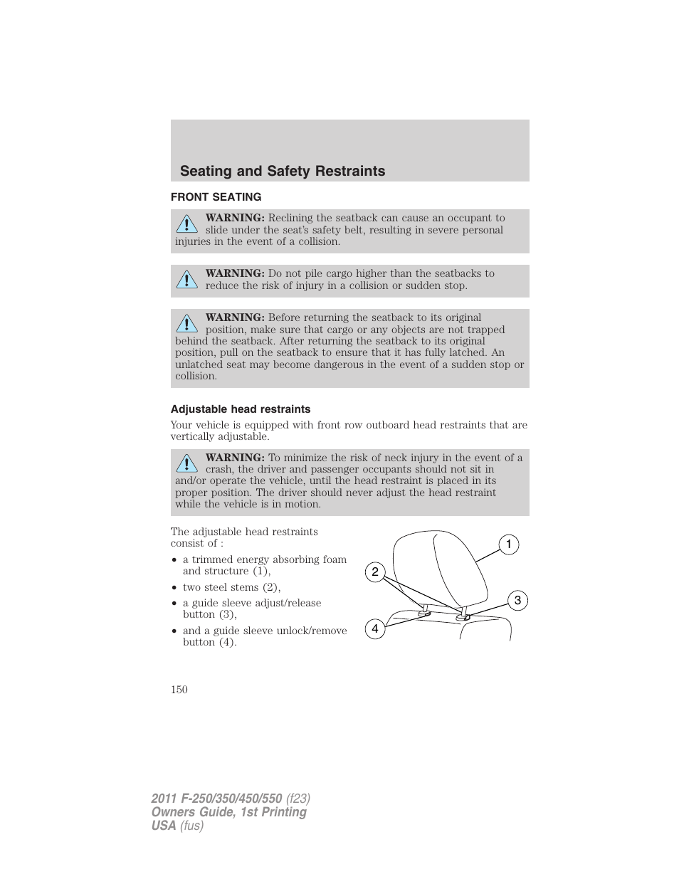 Seating and safety restraints, Front seating, Adjustable head restraints | Seating | FORD 2011 F-550 v.1 User Manual | Page 150 / 441