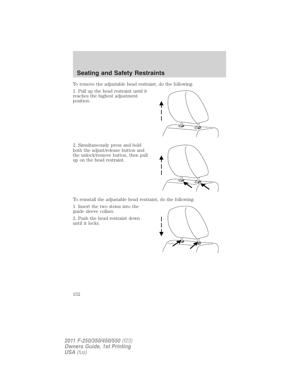 Seating and safety restraints | FORD 2011 F-550 v.1 User Manual | Page 152 / 441