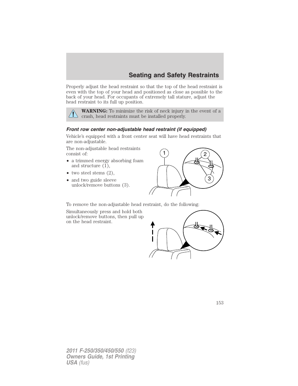 Seating and safety restraints | FORD 2011 F-550 v.1 User Manual | Page 153 / 441