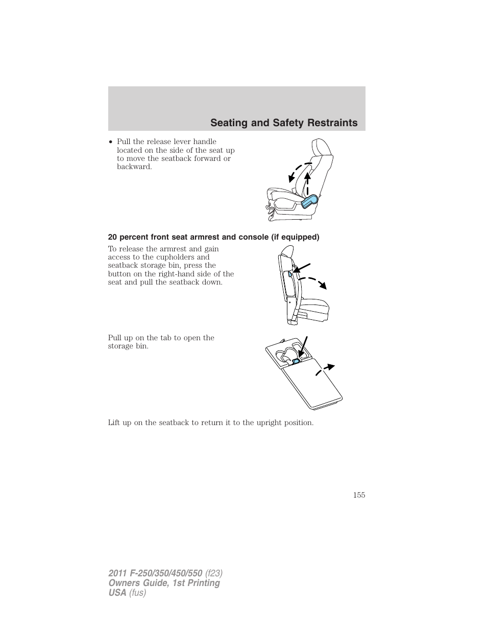 Seating and safety restraints | FORD 2011 F-550 v.1 User Manual | Page 155 / 441