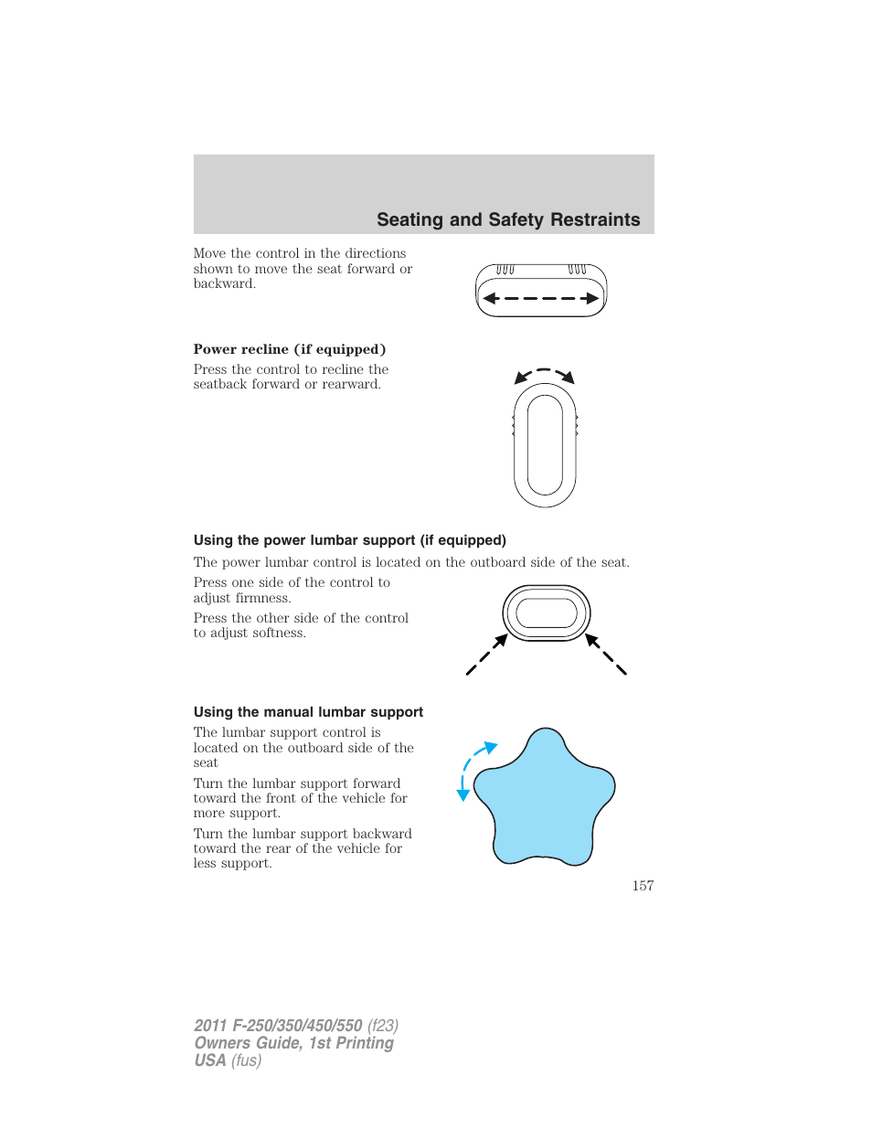 Using the power lumbar support (if equipped), Using the manual lumbar support, Seating and safety restraints | FORD 2011 F-550 v.1 User Manual | Page 157 / 441