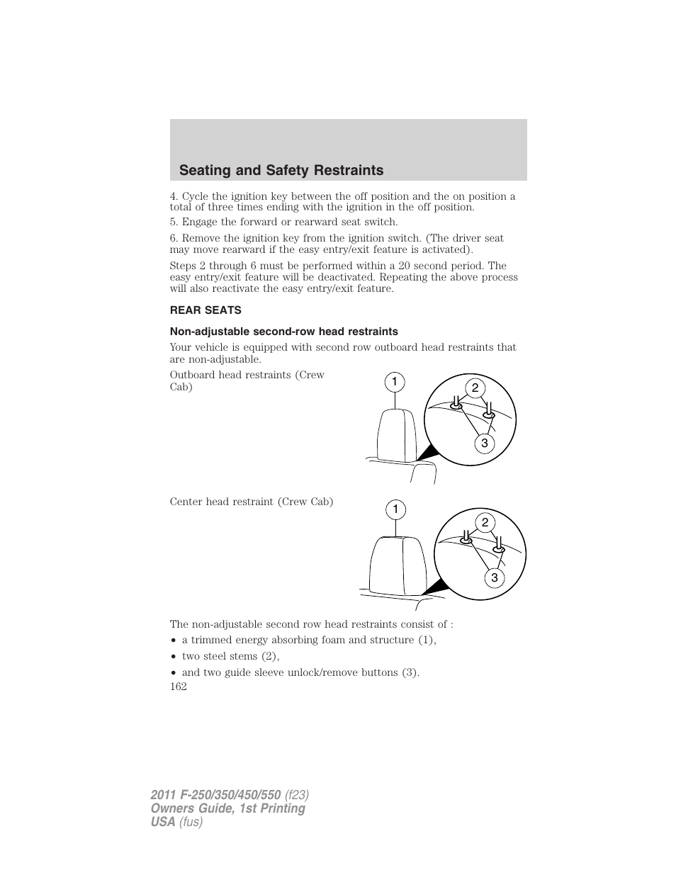 Rear seats, Non-adjustable second-row head restraints, Seating and safety restraints | FORD 2011 F-550 v.1 User Manual | Page 162 / 441