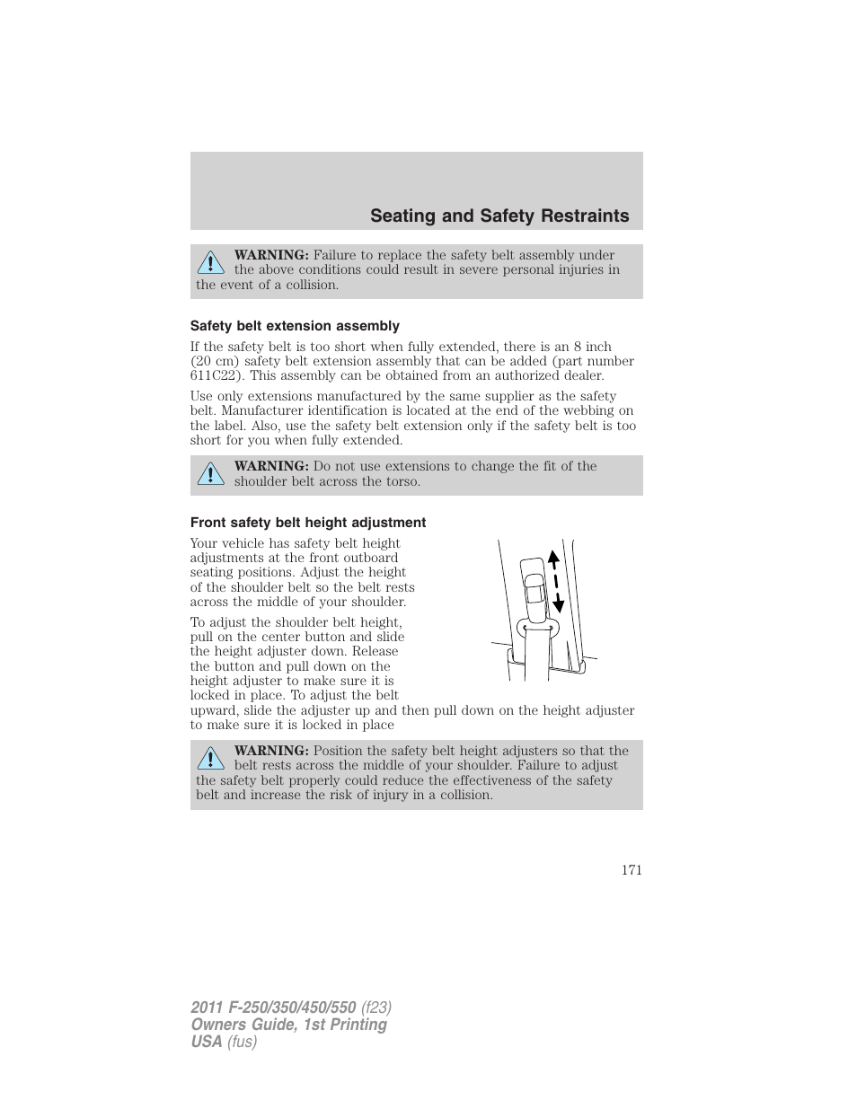 Safety belt extension assembly, Front safety belt height adjustment, Seating and safety restraints | FORD 2011 F-550 v.1 User Manual | Page 171 / 441