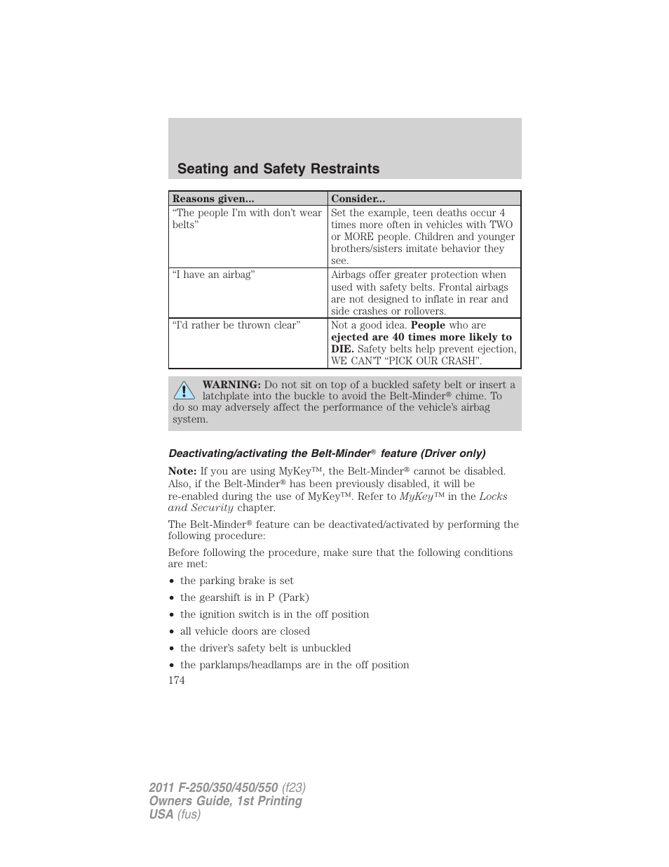Seating and safety restraints | FORD 2011 F-550 v.1 User Manual | Page 174 / 441