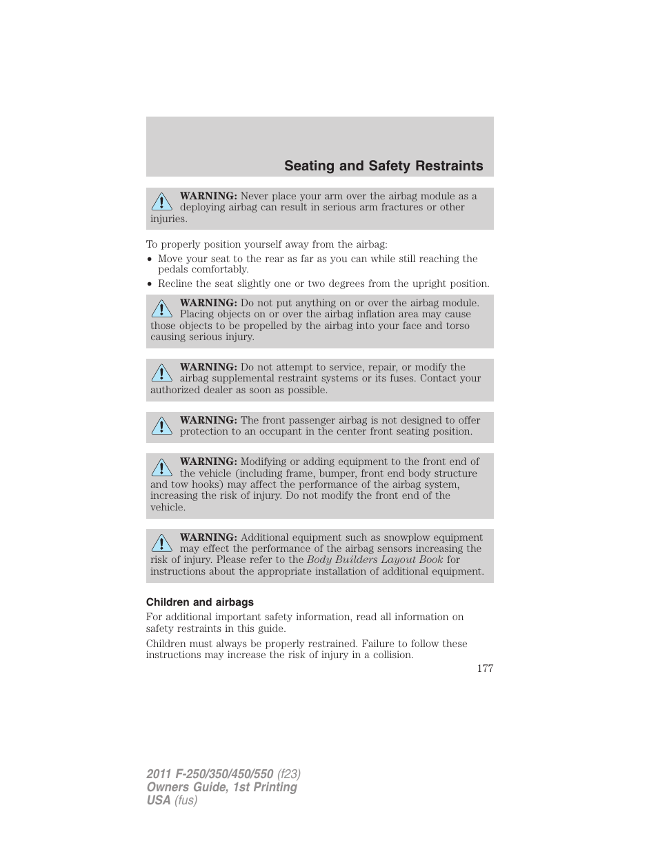 Children and airbags, Seating and safety restraints | FORD 2011 F-550 v.1 User Manual | Page 177 / 441