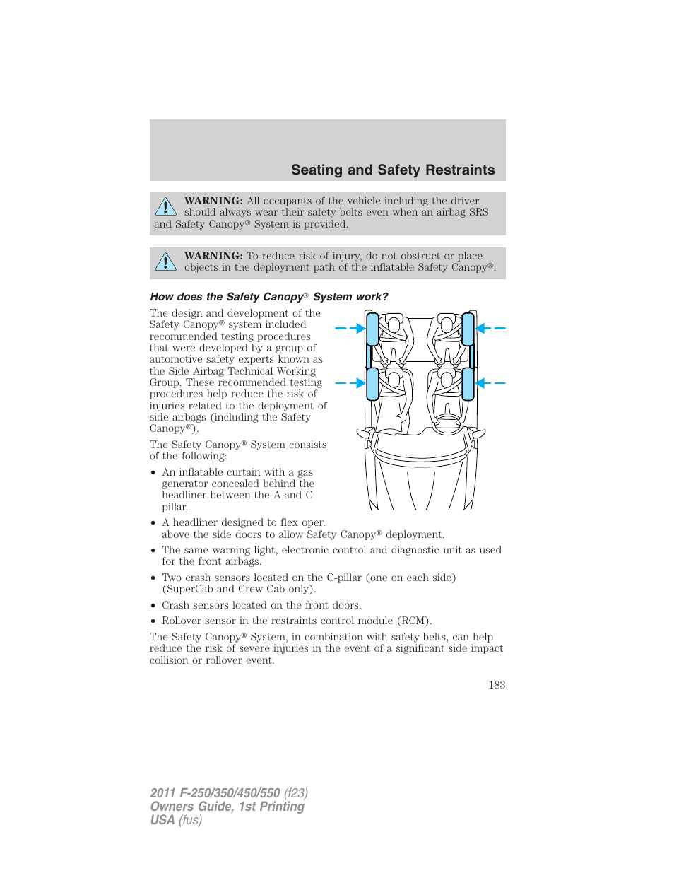 How does the safety canopy system work, Seating and safety restraints | FORD 2011 F-550 v.1 User Manual | Page 183 / 441