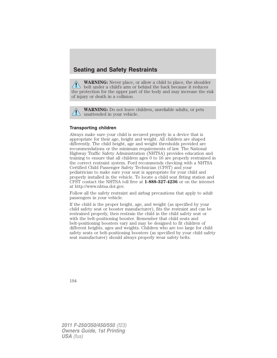 Transporting children, Seating and safety restraints | FORD 2011 F-550 v.1 User Manual | Page 194 / 441