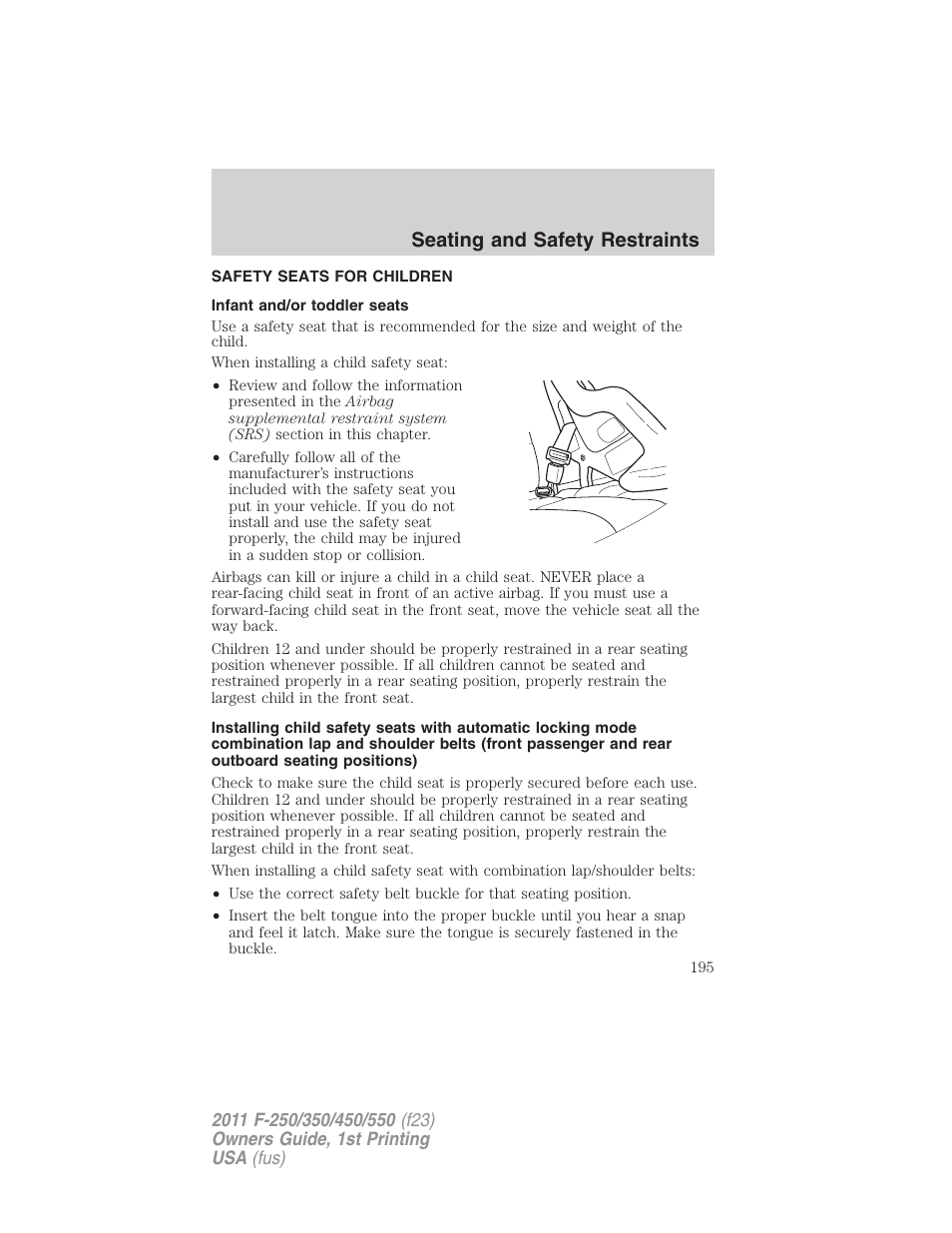 Safety seats for children, Infant and/or toddler seats, Seating and safety restraints | FORD 2011 F-550 v.1 User Manual | Page 195 / 441