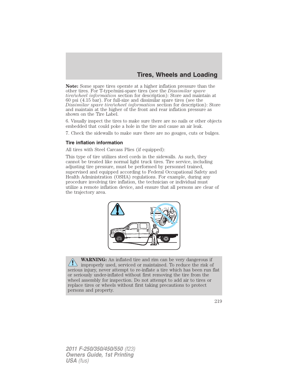 Tire inflation information, Tires, wheels and loading | FORD 2011 F-550 v.1 User Manual | Page 219 / 441