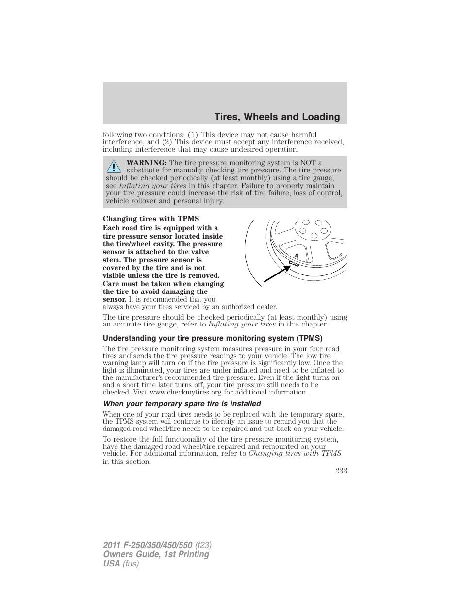 When your temporary spare tire is installed, Tires, wheels and loading | FORD 2011 F-550 v.1 User Manual | Page 233 / 441