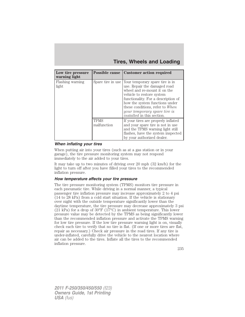 When inflating your tires, How temperature affects your tire pressure, Tires, wheels and loading | FORD 2011 F-550 v.1 User Manual | Page 235 / 441