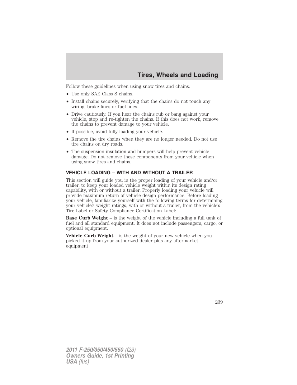 Vehicle loading – with and without a trailer, Vehicle loading, Tires, wheels and loading | FORD 2011 F-550 v.1 User Manual | Page 239 / 441