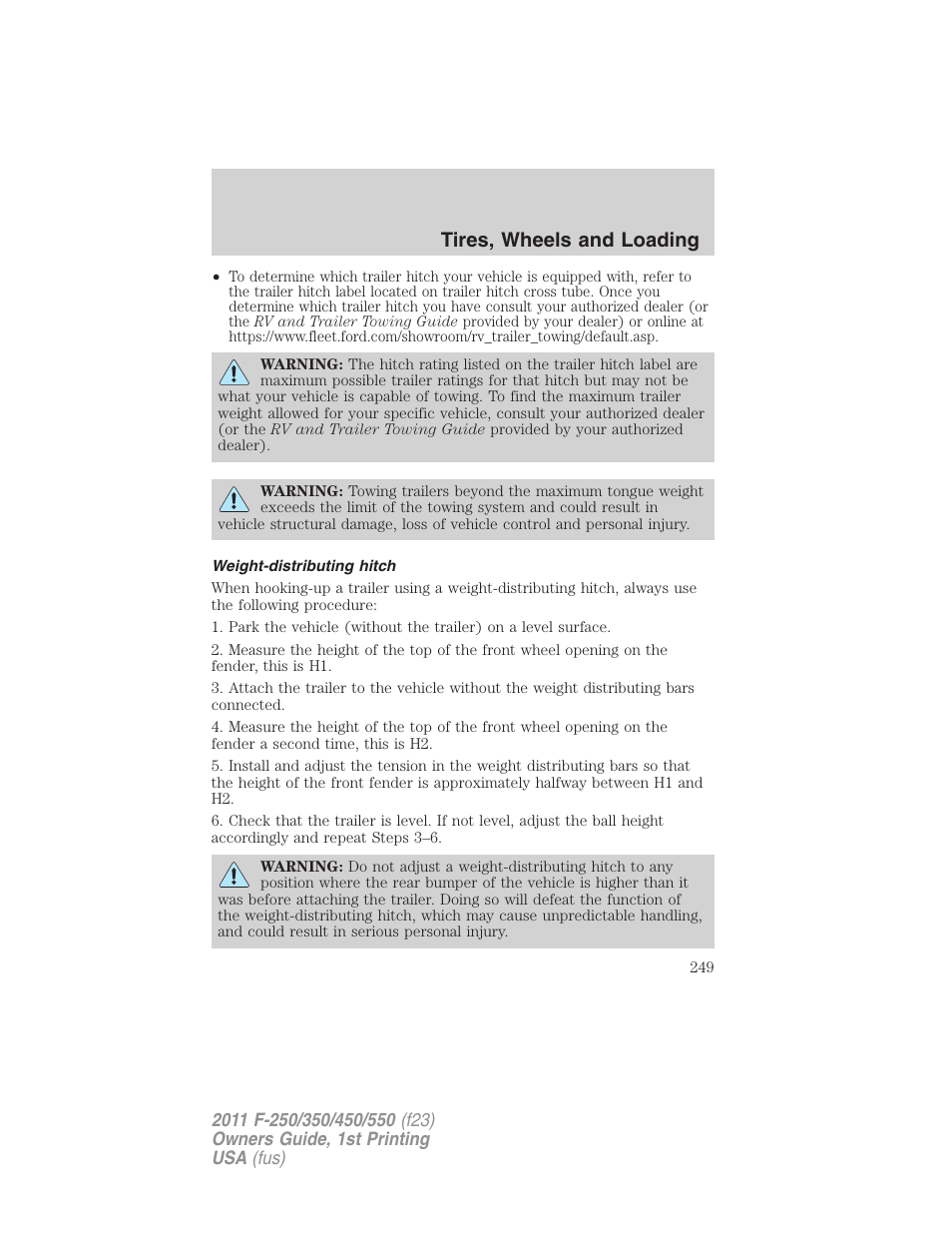 Weight-distributing hitch, Tires, wheels and loading | FORD 2011 F-550 v.1 User Manual | Page 249 / 441