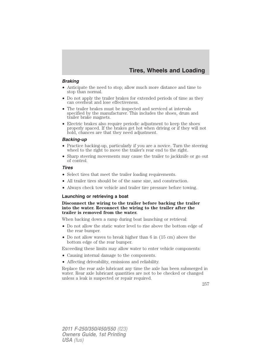 Braking, Backing-up, Tires | Launching or retrieving a boat, Tires, wheels and loading | FORD 2011 F-550 v.1 User Manual | Page 257 / 441