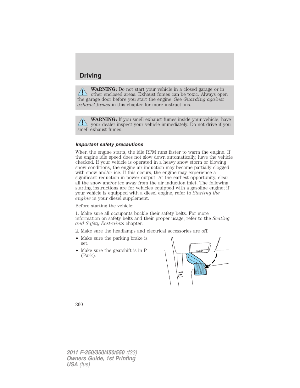 Important safety precautions, Driving | FORD 2011 F-550 v.1 User Manual | Page 260 / 441