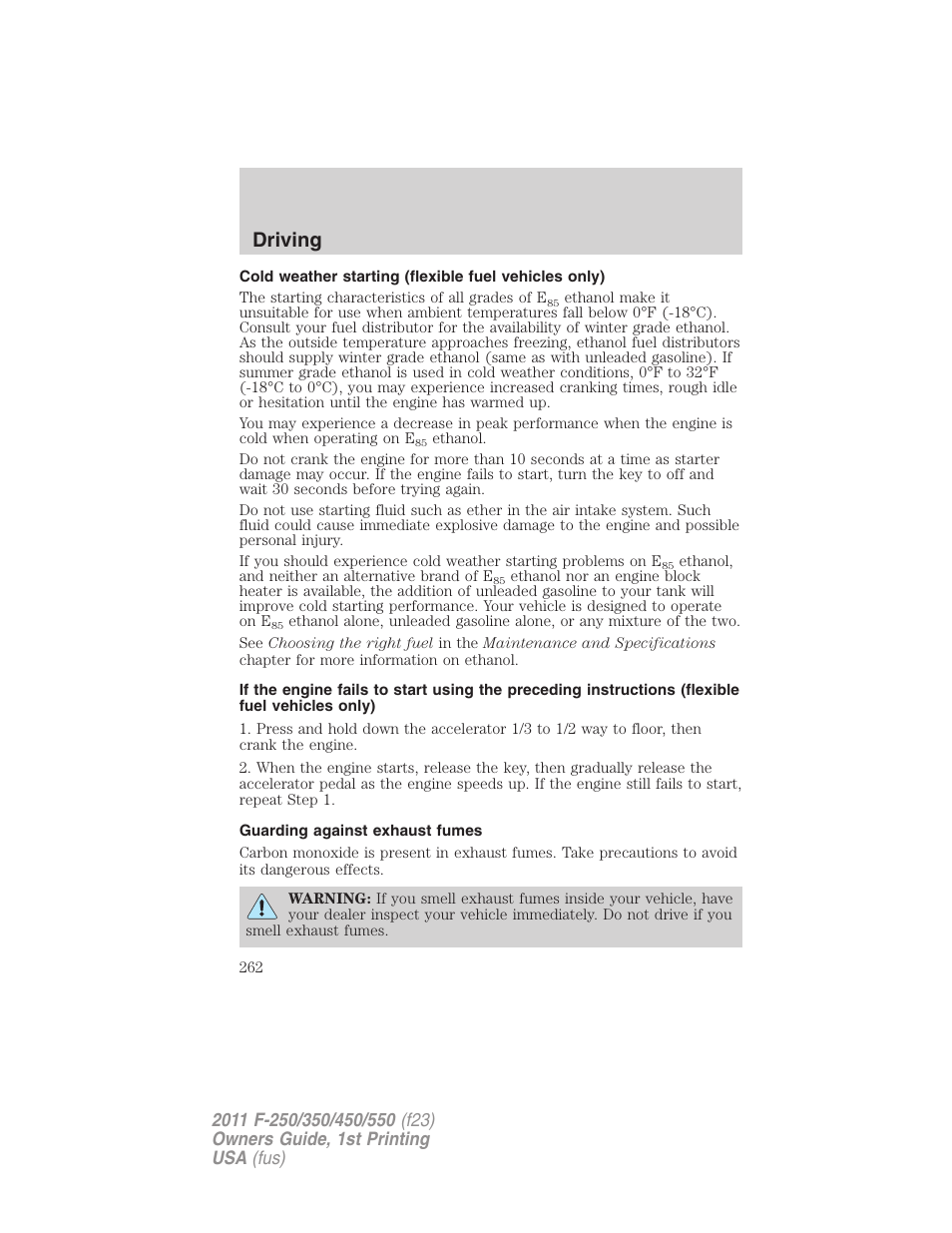 Guarding against exhaust fumes, Driving | FORD 2011 F-550 v.1 User Manual | Page 262 / 441