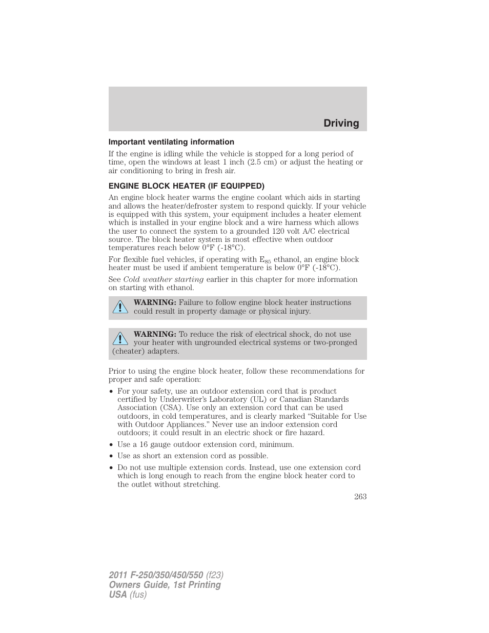 Important ventilating information, Engine block heater (if equipped), Driving | FORD 2011 F-550 v.1 User Manual | Page 263 / 441