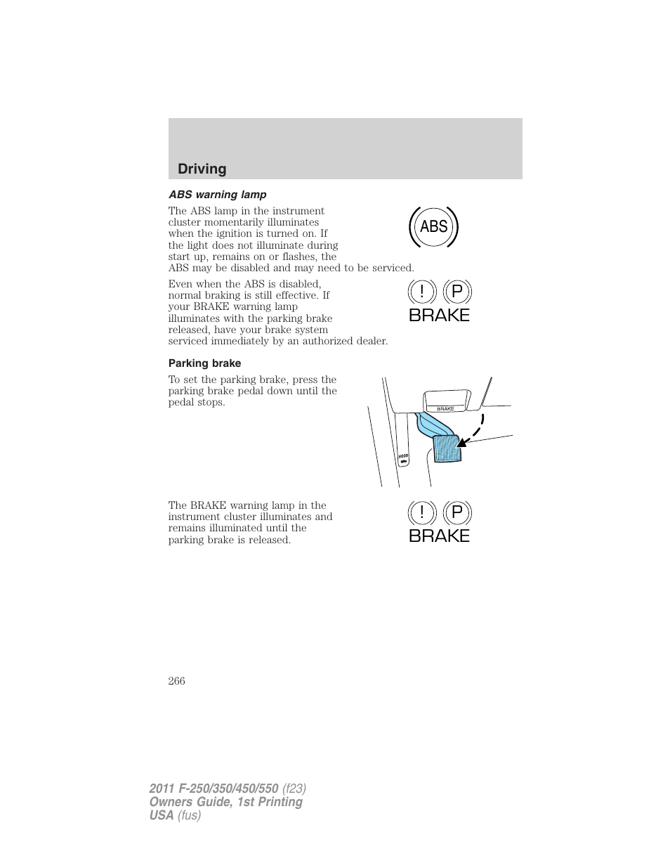 Abs warning lamp, Parking brake, Abs p ! brake p ! brake | FORD 2011 F-550 v.1 User Manual | Page 266 / 441