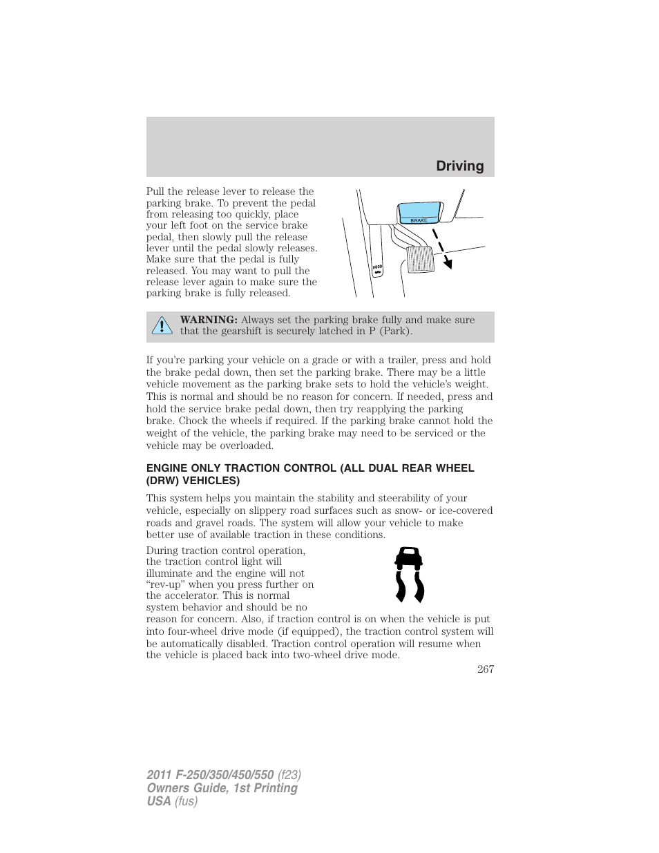 Traction control, Driving | FORD 2011 F-550 v.1 User Manual | Page 267 / 441