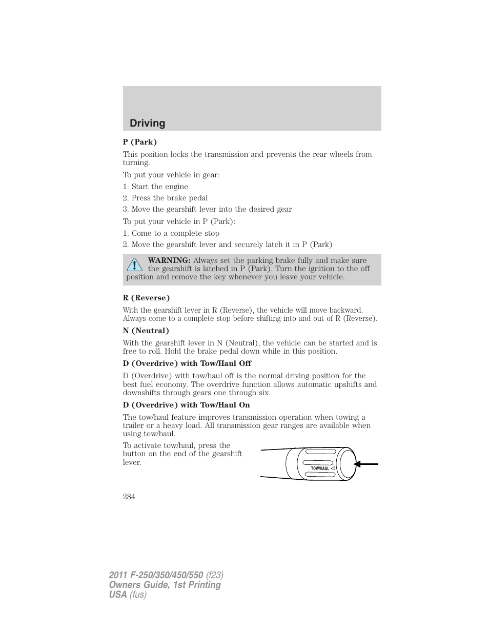 Driving | FORD 2011 F-550 v.1 User Manual | Page 284 / 441