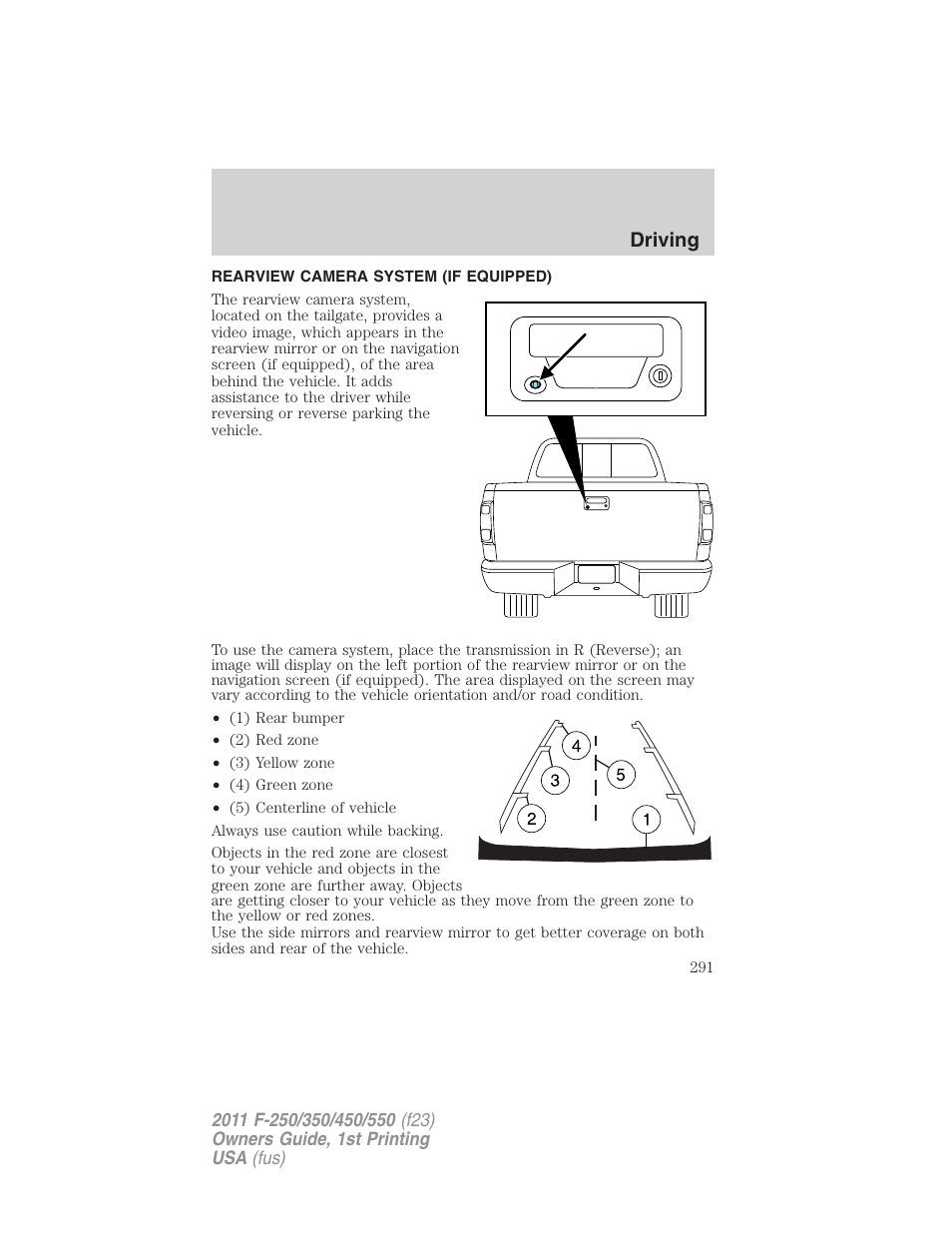 Rearview camera system (if equipped), Rear-view camera system, Driving | FORD 2011 F-550 v.1 User Manual | Page 291 / 441