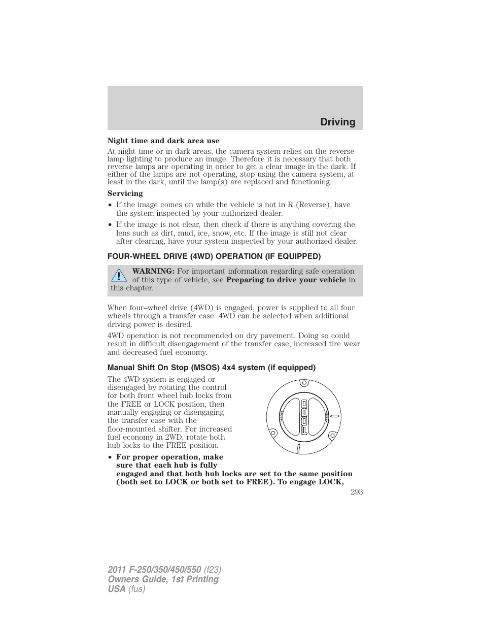 Four-wheel drive (4wd) operation (if equipped), Driving | FORD 2011 F-550 v.1 User Manual | Page 293 / 441