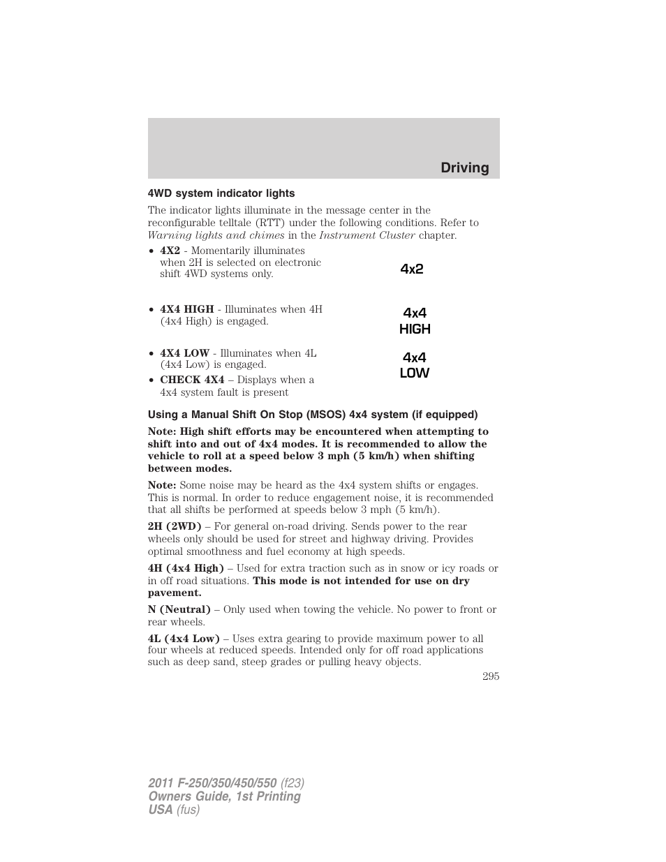 4wd system indicator lights, Driving | FORD 2011 F-550 v.1 User Manual | Page 295 / 441