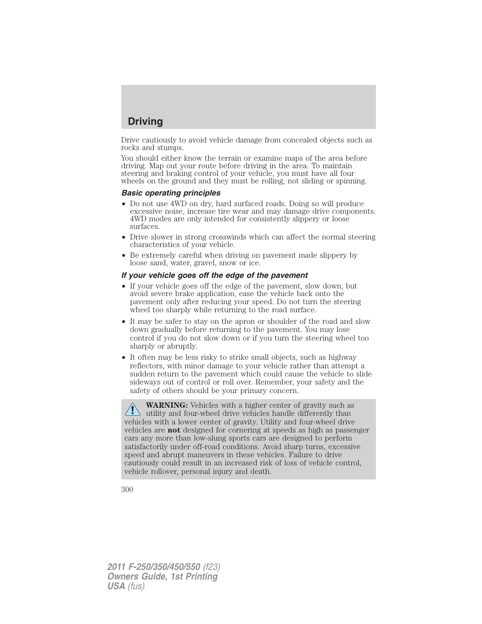 Basic operating principles, If your vehicle goes off the edge of the pavement, Driving | FORD 2011 F-550 v.1 User Manual | Page 300 / 441