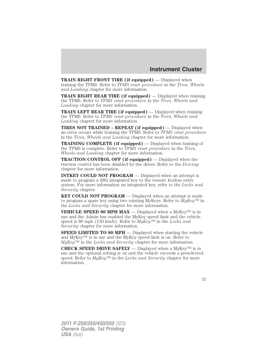 Instrument cluster | FORD 2011 F-550 v.1 User Manual | Page 31 / 441