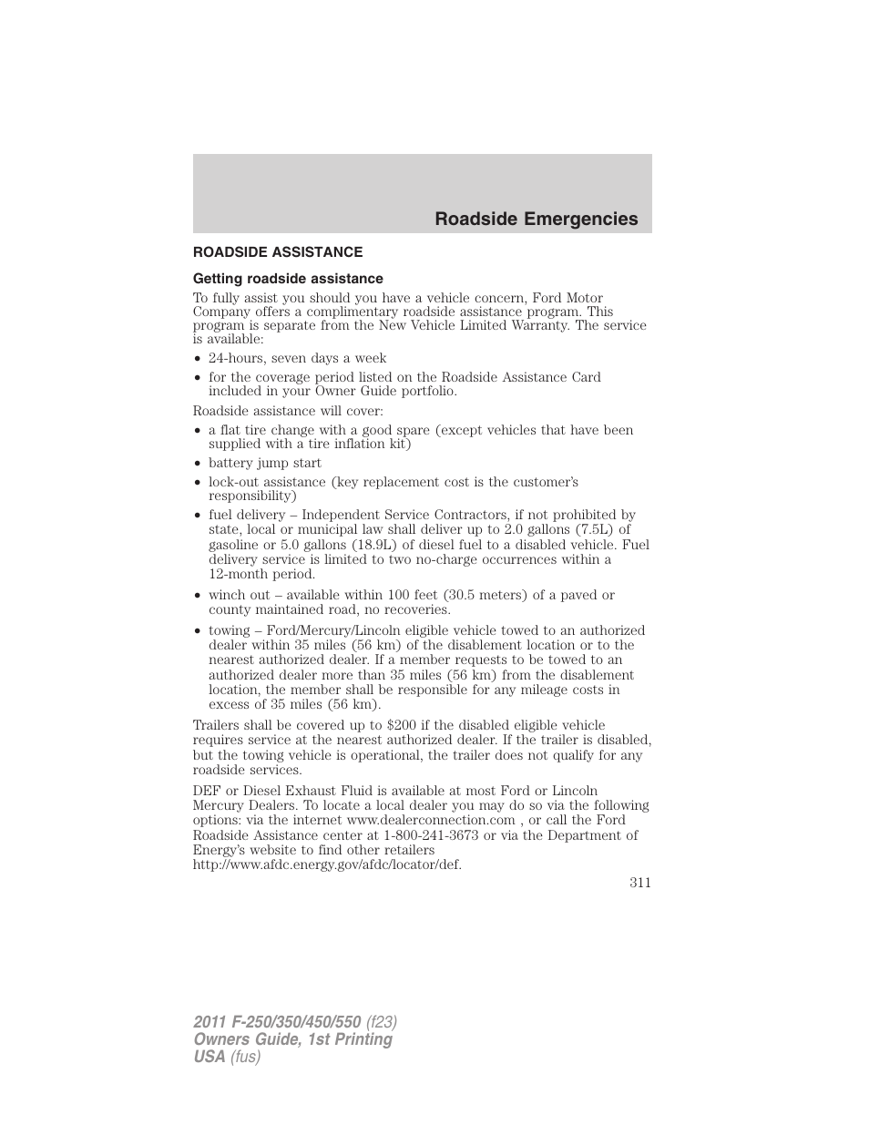 Roadside emergencies, Roadside assistance, Getting roadside assistance | FORD 2011 F-550 v.1 User Manual | Page 311 / 441