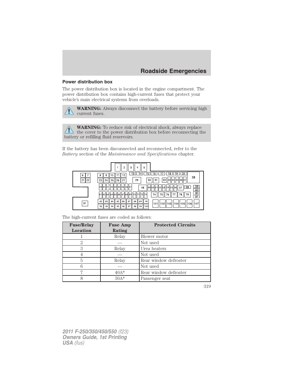 Power distribution box, Roadside emergencies | FORD 2011 F-550 v.1 User Manual | Page 319 / 441