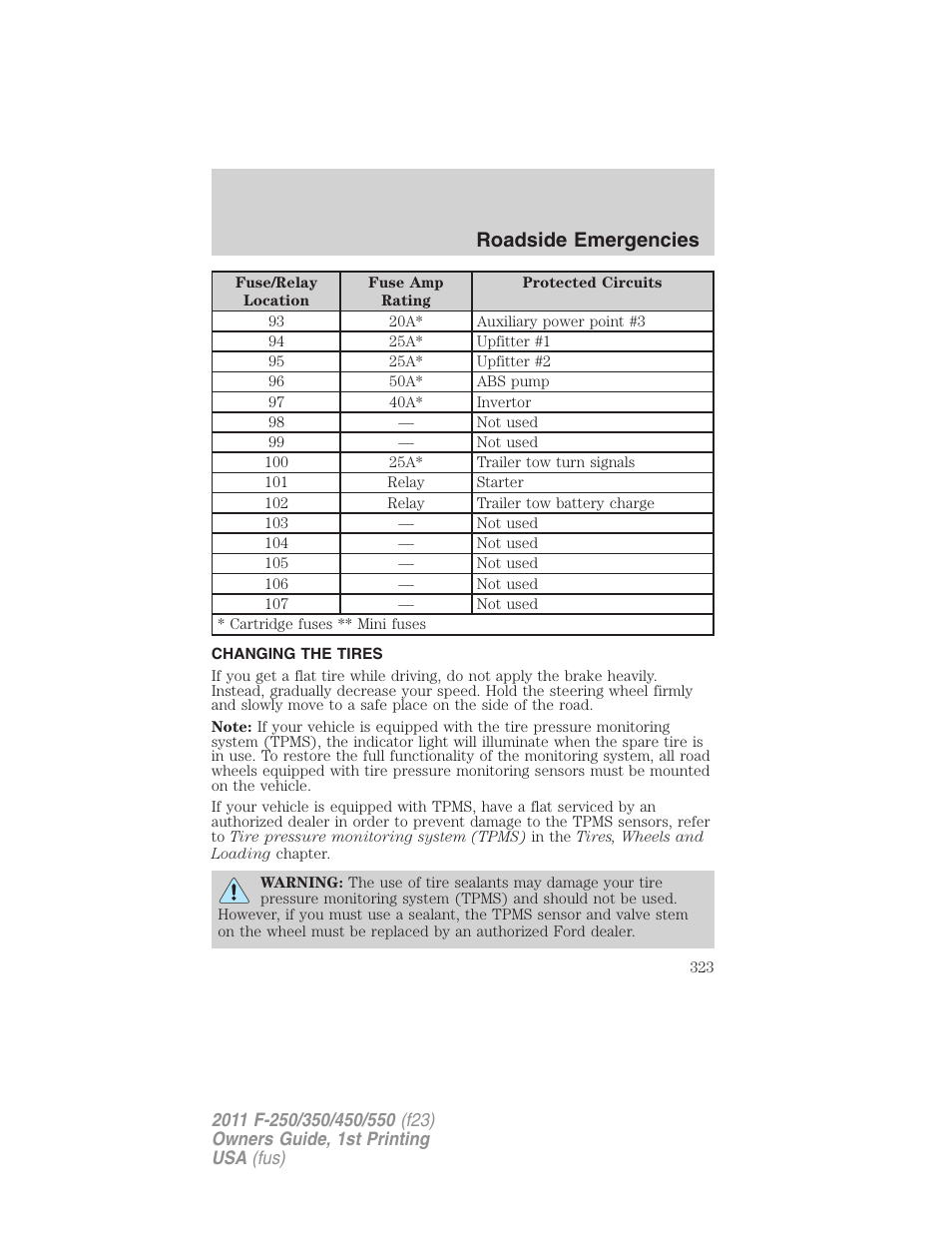 Changing the tires, Changing tires, Roadside emergencies | FORD 2011 F-550 v.1 User Manual | Page 323 / 441