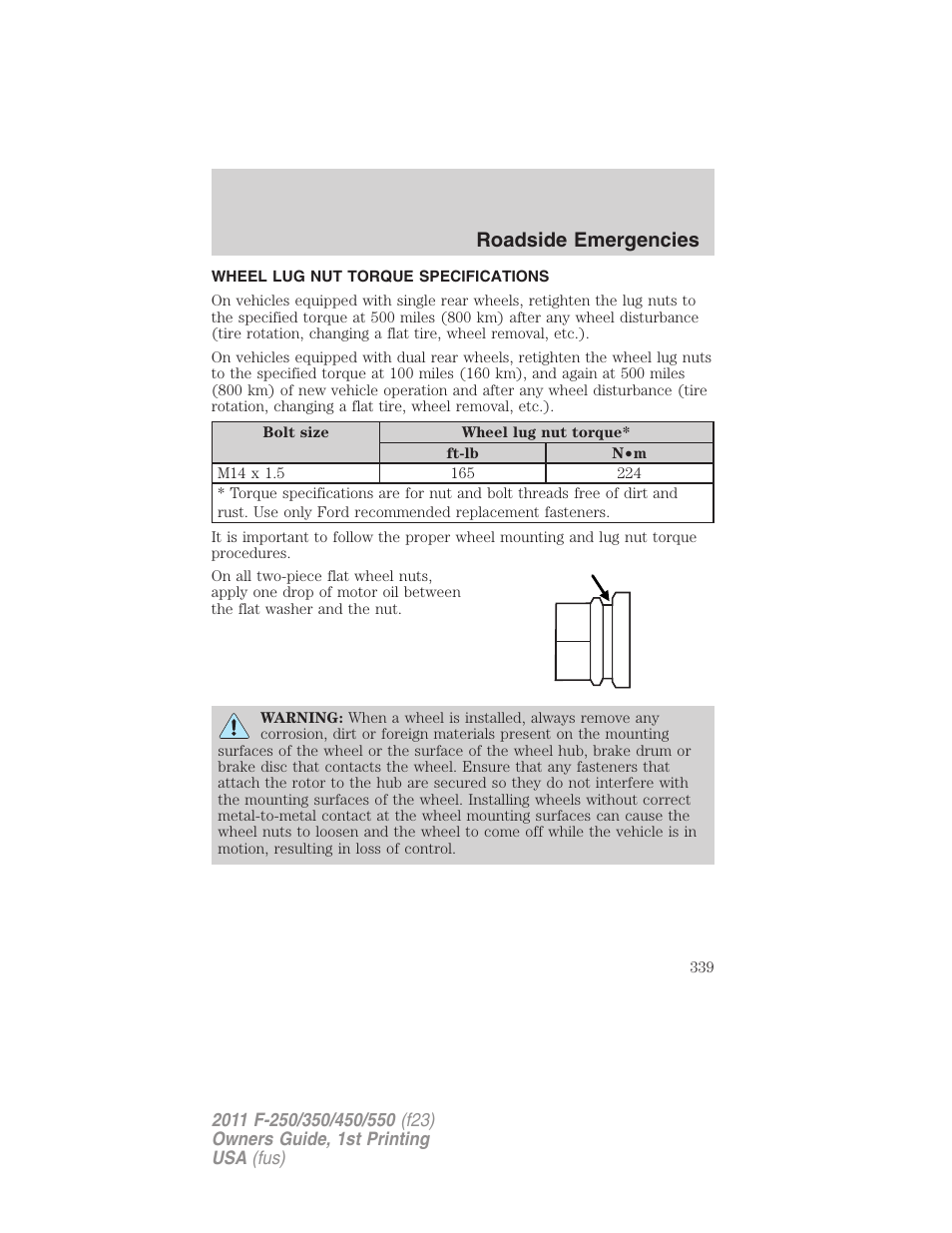 Wheel lug nut torque specifications, Wheel lug nut torque, Roadside emergencies | FORD 2011 F-550 v.1 User Manual | Page 339 / 441