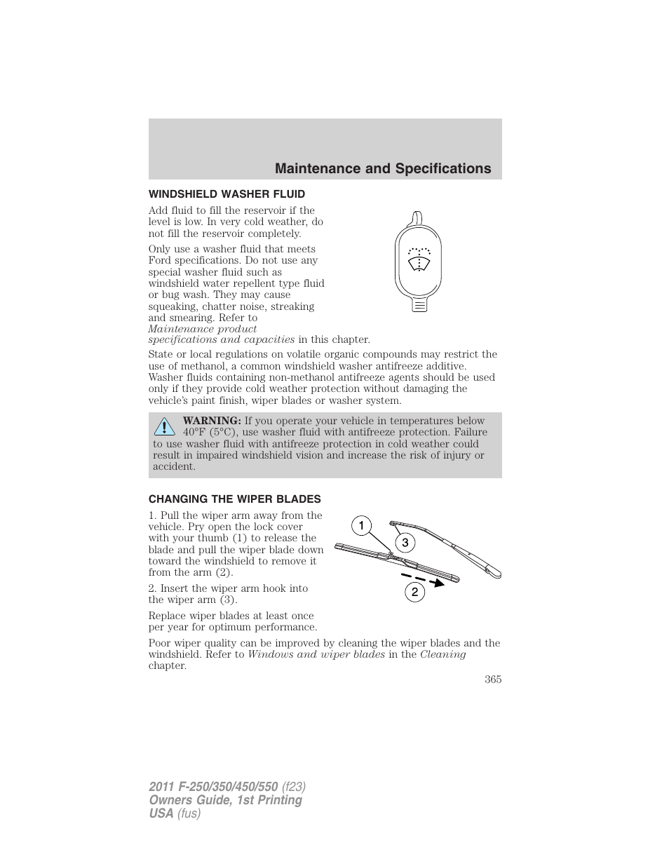 Windshield washer fluid, Changing the wiper blades, Maintenance and specifications | FORD 2011 F-550 v.1 User Manual | Page 365 / 441