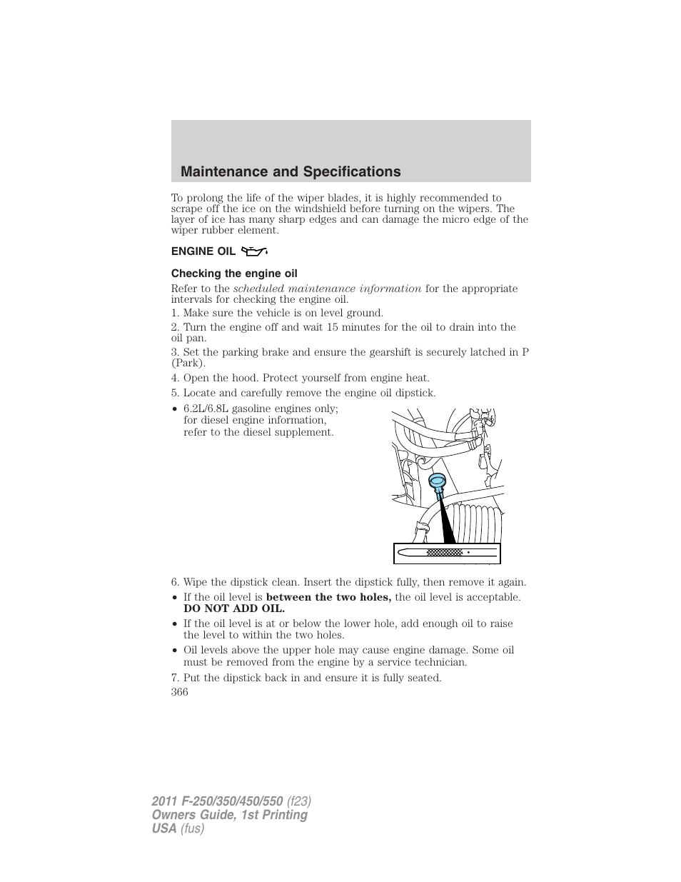 Engine oil, Checking the engine oil, Maintenance and specifications | FORD 2011 F-550 v.1 User Manual | Page 366 / 441