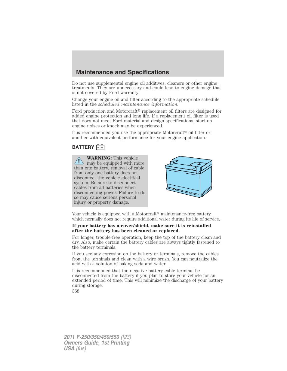 Battery, Maintenance and specifications | FORD 2011 F-550 v.1 User Manual | Page 368 / 441