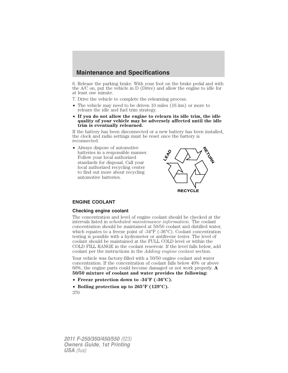 Engine coolant, Checking engine coolant, Maintenance and specifications | FORD 2011 F-550 v.1 User Manual | Page 370 / 441
