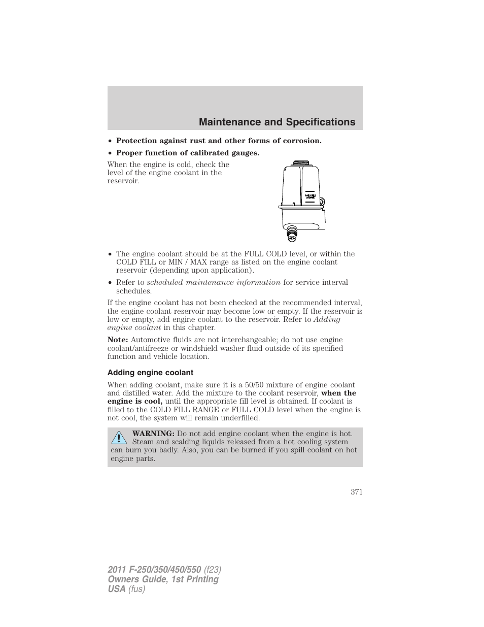 Adding engine coolant, Maintenance and specifications | FORD 2011 F-550 v.1 User Manual | Page 371 / 441