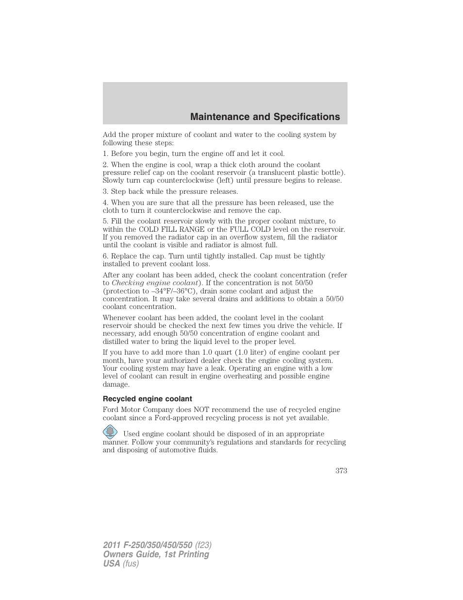 Recycled engine coolant, Maintenance and specifications | FORD 2011 F-550 v.1 User Manual | Page 373 / 441