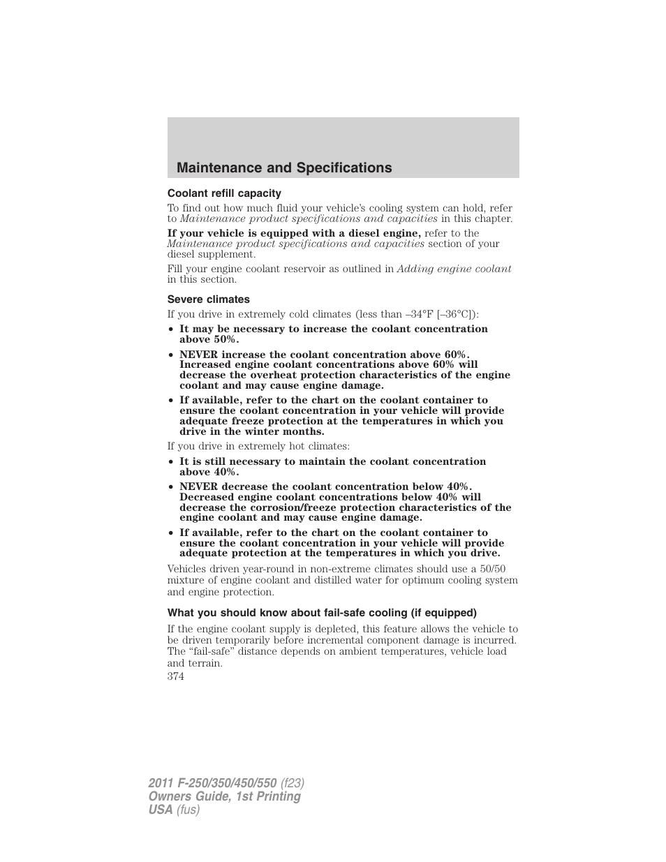 Coolant refill capacity, Severe climates, Maintenance and specifications | FORD 2011 F-550 v.1 User Manual | Page 374 / 441