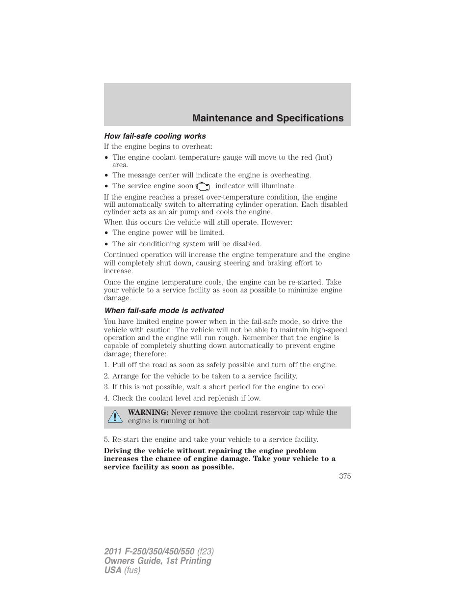 How fail-safe cooling works, When fail-safe mode is activated, Maintenance and specifications | FORD 2011 F-550 v.1 User Manual | Page 375 / 441