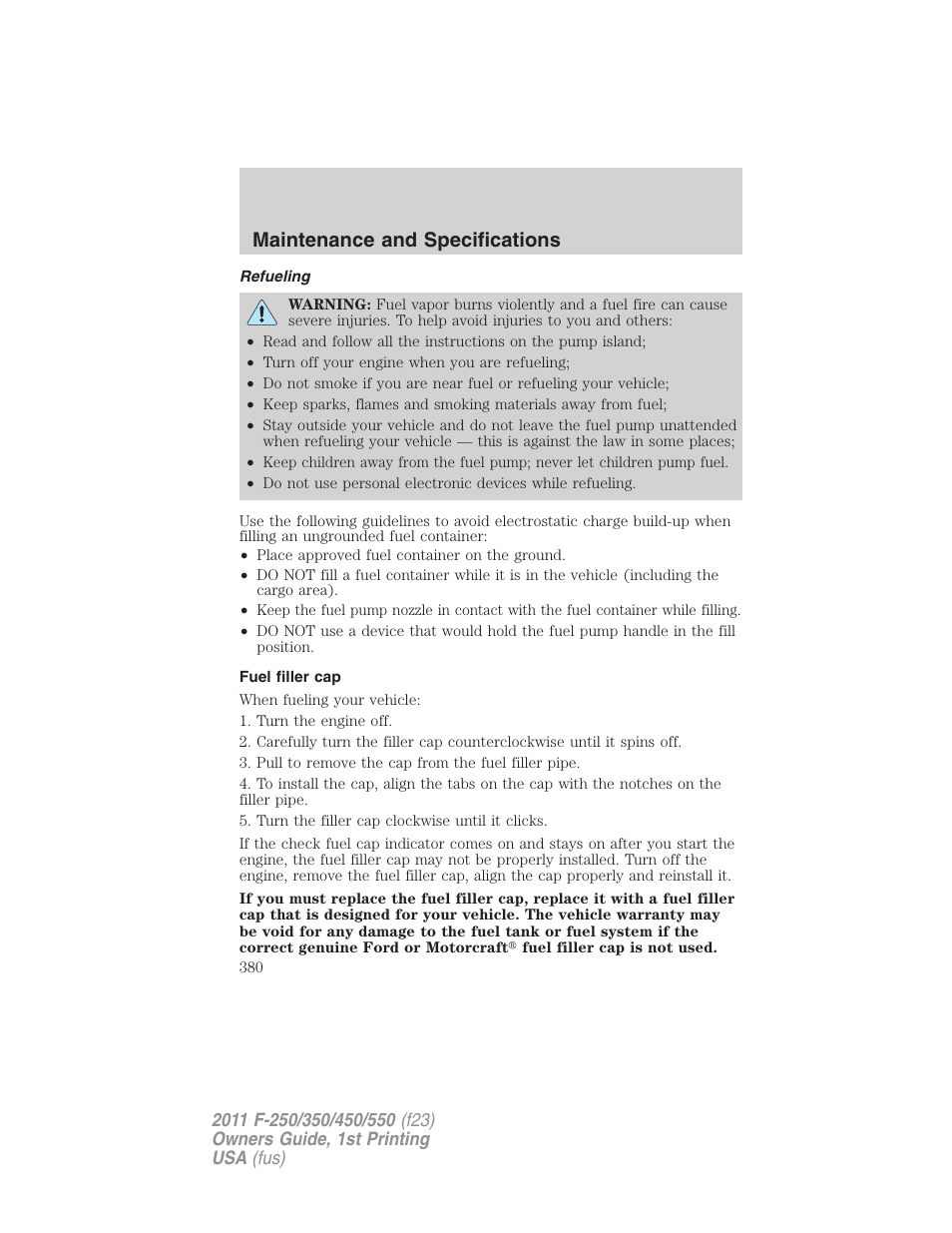 Refueling, Fuel filler cap, Maintenance and specifications | FORD 2011 F-550 v.1 User Manual | Page 380 / 441