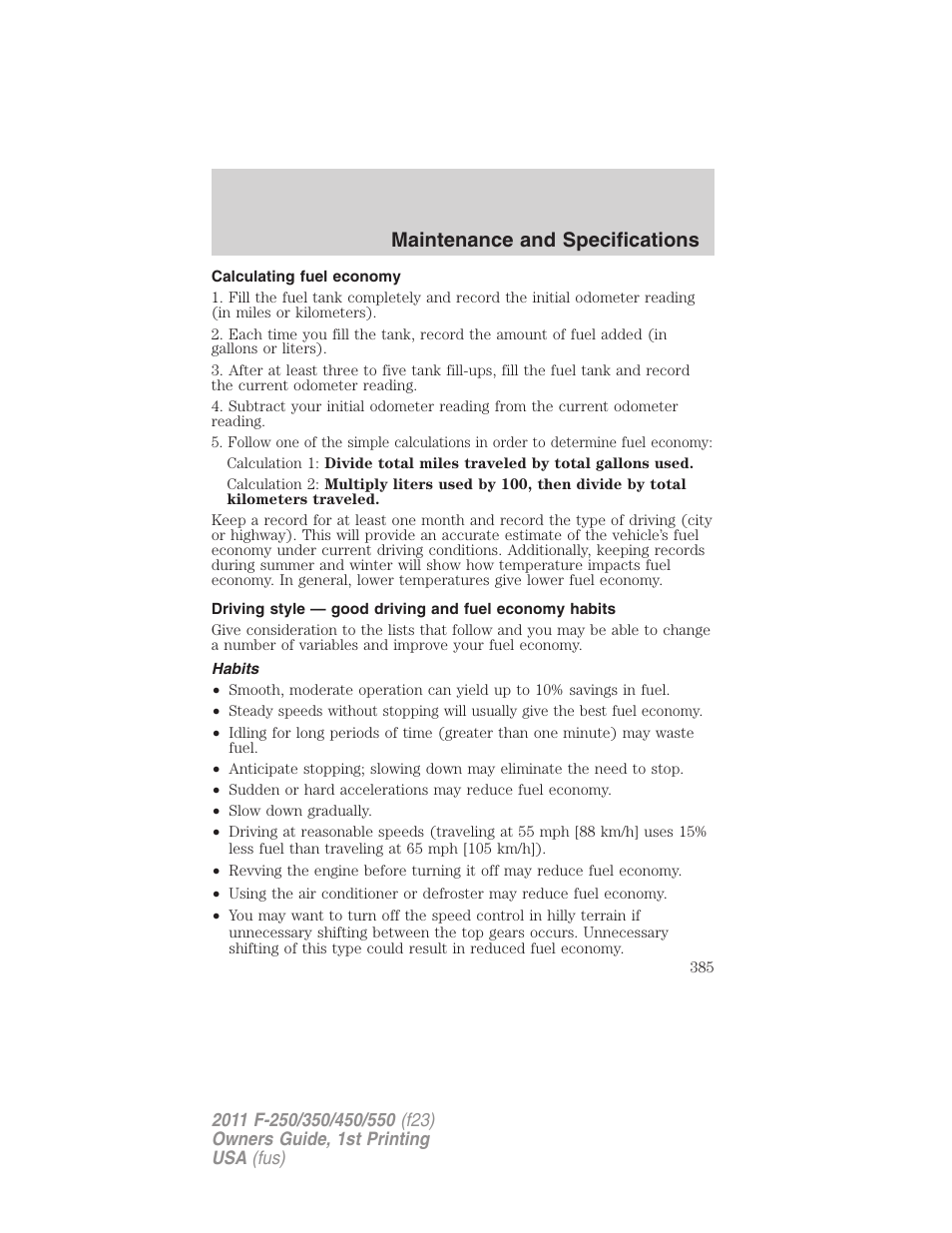 Calculating fuel economy, Habits, Maintenance and specifications | FORD 2011 F-550 v.1 User Manual | Page 385 / 441