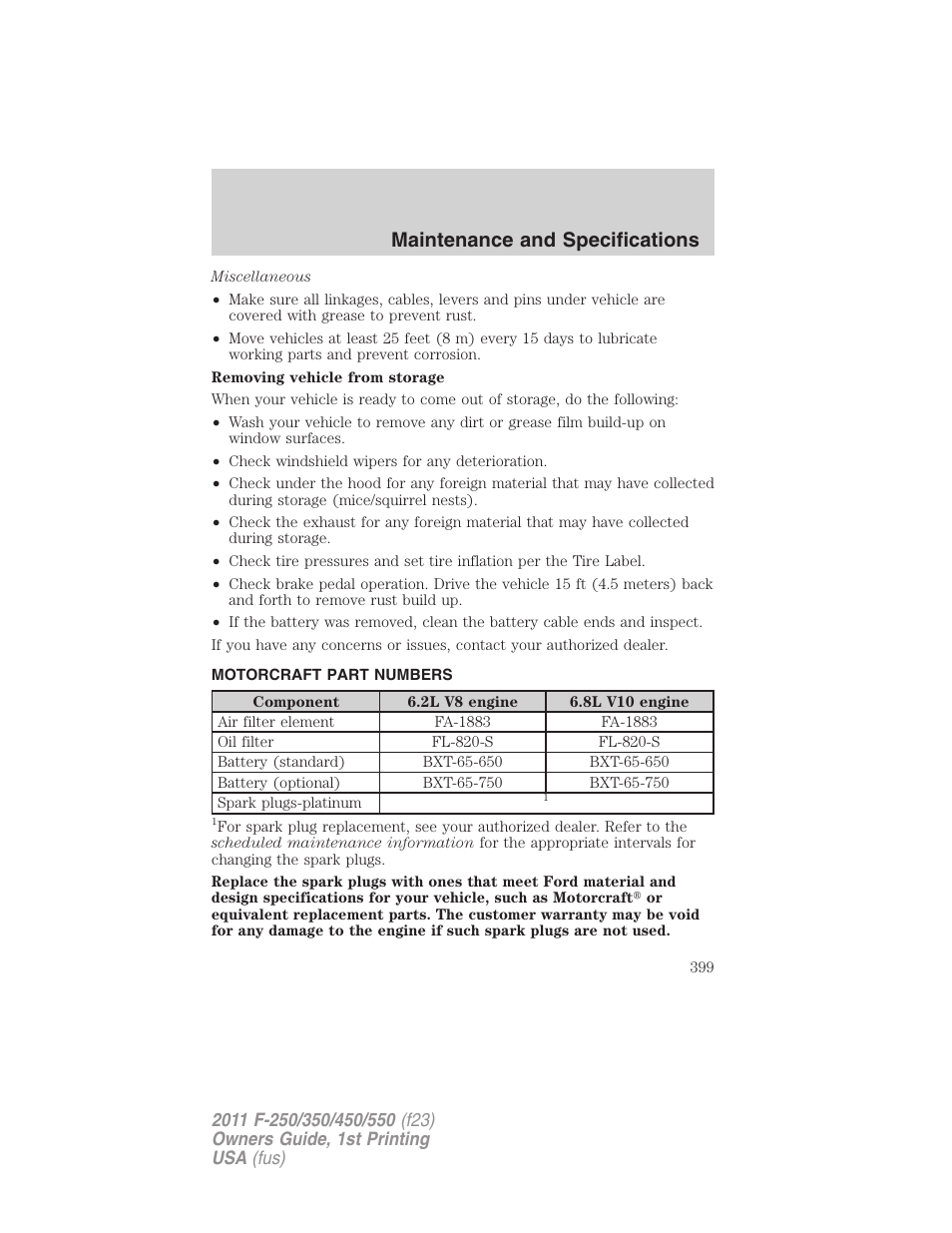 Motorcraft part numbers, Part numbers, Maintenance and specifications | FORD 2011 F-550 v.1 User Manual | Page 399 / 441