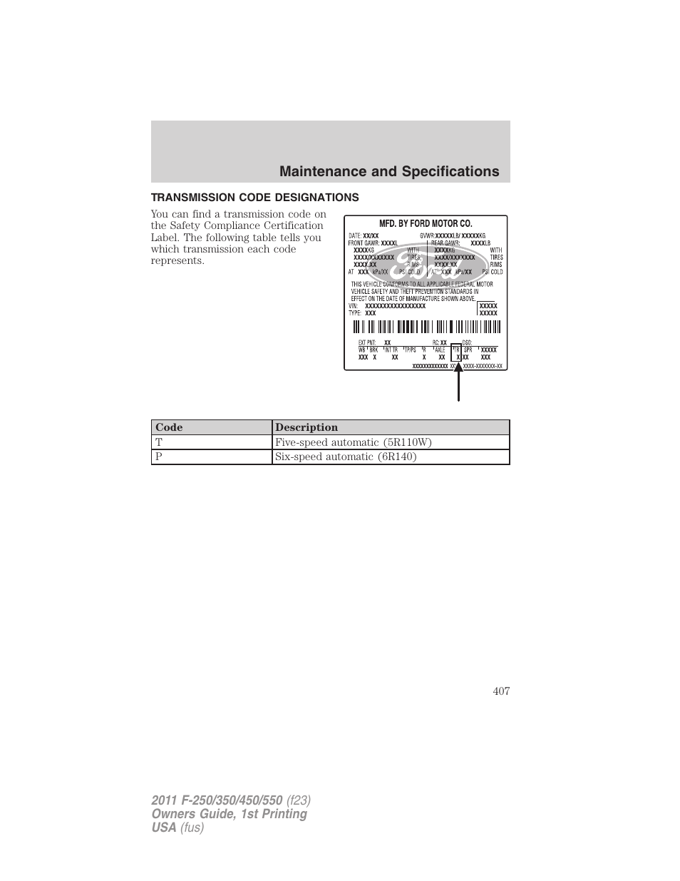 Transmission code designations, Maintenance and specifications | FORD 2011 F-550 v.1 User Manual | Page 407 / 441